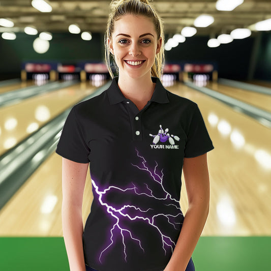 Purple Thunder Lightning Bowling Wings Custom Bowling Team Polo Shirts For Women IPHW8395