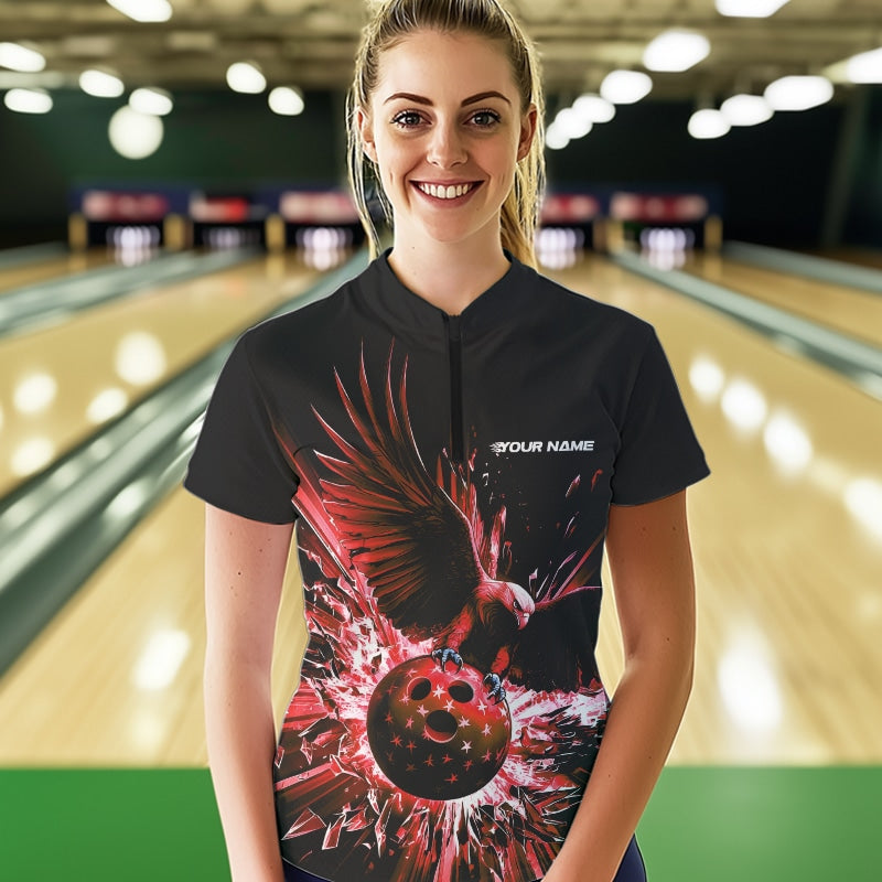 Black And Red Eagle Break Glass Custom Bowling Quarter-Zip Shirts For Women Team Shirt IPHW8399
