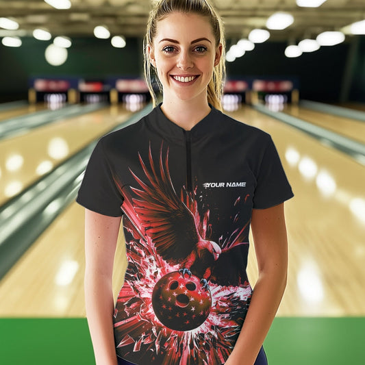 Black And Red Eagle Break Glass Custom Bowling Quarter-Zip Shirts For Women Team Shirt IPHW8399