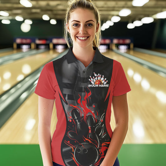Custom Black And Red Flame Bowling Polo Shirts For Women, Fire Bowling League Shirt IPHW8619