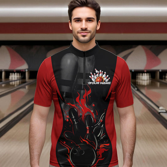Custom Black And Red Flame Bowling Quarter-Zip Shirts For Men, Fire Bowling League Shirt IPHW8619
