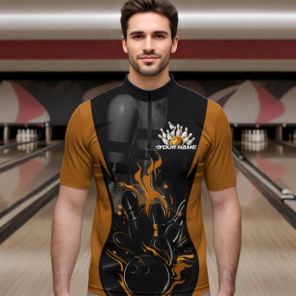 Custom Black And Yellow Flame Bowling Quarter-Zip Shirts For Men, Fire Bowling League Shirt IPHW8621