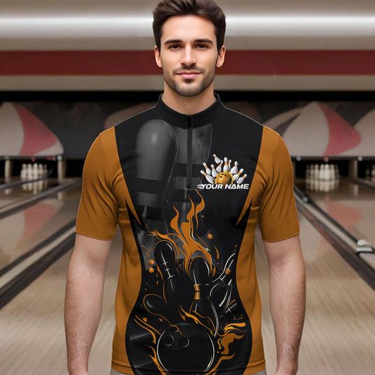 Custom Black And Yellow Flame Bowling Quarter-Zip Shirts For Men, Fire Bowling League Shirt IPHW8621