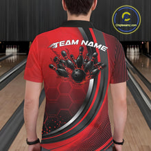 Load image into Gallery viewer, Back view of a male model in a bowling lane wearing a black and red polo shirt, showcasing honeycomb texture with a flaming bowling action illustration.