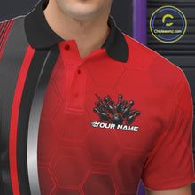 Load image into Gallery viewer, Close-up of the left chest area of a black and red bowling polo shirt, featuring honeycomb pattern and a flaming bowling strike design.