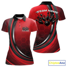 Load image into Gallery viewer, Front and back view of a womens bowling polo shirt mockup in black and red, featuring honeycomb pattern with a flaming bowling ball hitting pins.
