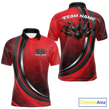 Load image into Gallery viewer, Front and back view of a mens bowling polo shirt mockup in black and red, featuring honeycomb pattern with a flaming bowling strike graphic.