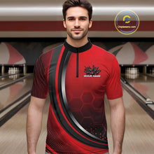 Load image into Gallery viewer, Male model in a bowling lane wearing a black and red quarter zip shirt with honeycomb texture and a flaming bowling strike graphic.