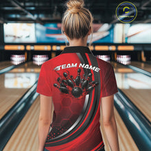 Load image into Gallery viewer, Back view of a women s black and red bowling quarter zip showcasing honeycomb accents and flame bowling ball and pins artwork inside a bowling center.