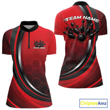Load image into Gallery viewer, Front and back view of a women s black and red bowling quarter zip mockup featuring a honeycomb pattern and flaming bowling ball knocking down pins graphics.