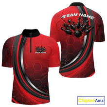 Load image into Gallery viewer, Front and back view of a mens bowling quarter zip shirt mockup in black and red, featuring honeycomb pattern with a flame bowling ball and pins design.