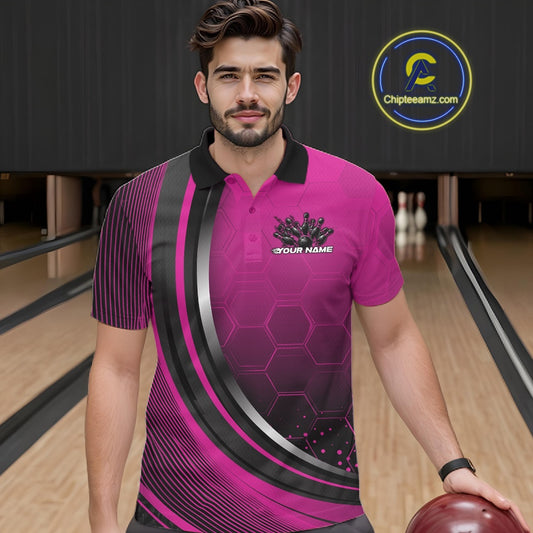 Male model in a bowling lane wearing a black and pink polo shirt with honeycomb design and a flaming bowling strike illustration.