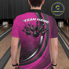 Load image into Gallery viewer, Back view of a male model in a bowling venue wearing a black and pink polo shirt, showcasing honeycomb texture and flame bowling action artwork.