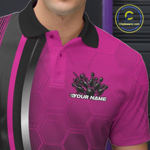 Load image into Gallery viewer, Close-up of the left chest area of a black and pink bowling polo shirt, featuring honeycomb pattern with a flaming bowling ball hitting pins.