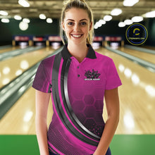Load image into Gallery viewer, Female model in a bowling lane wearing a black and pink polo shirt with honeycomb graphics and a dynamic flame bowling strike design.