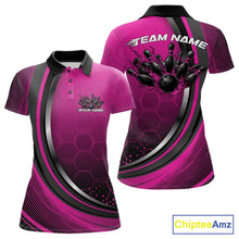 Load image into Gallery viewer, Front and back view of a womens bowling polo shirt mockup in black and pink, featuring honeycomb pattern with a flaming bowling ball striking pins.