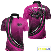 Load image into Gallery viewer, Front and back view of a mens bowling polo shirt mockup in black and pink, featuring honeycomb pattern with a flaming bowling ball and pins.