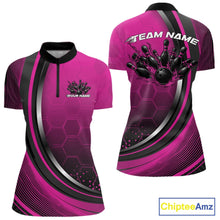 Load image into Gallery viewer, Front and back view of a women s black and pink bowling quarter zip mockup with a honeycomb pattern and flaming bowling ball and pins graphics.