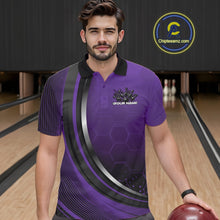 Load image into Gallery viewer, Male model in a bowling lane wearing a black and purple polo shirt with honeycomb accents and a dynamic flame bowling strike graphic.