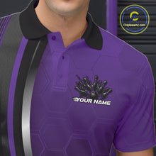 Load image into Gallery viewer, Close-up of the left chest area of a black and purple bowling polo shirt, featuring honeycomb texture with a flaming bowling strike graphic.