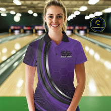 Load image into Gallery viewer, Female model in a bowling alley wearing a black and purple polo shirt with honeycomb accents and a dynamic flame bowling strike illustration.