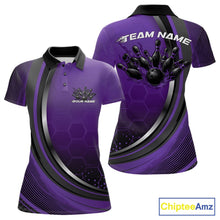 Load image into Gallery viewer, Front and back view of a womens bowling polo shirt mockup in black and purple, featuring honeycomb pattern with a flaming bowling ball and pins design.