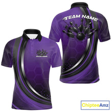 Load image into Gallery viewer, Front and back view of a mens bowling polo shirt mockup in black and purple, featuring honeycomb pattern with a flaming bowling ball hitting pins.