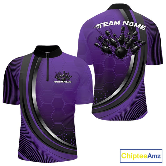 Front and back view of a mens bowling quarter zip shirt mockup in black and purple, featuring honeycomb pattern with a flame bowling ball and pins.