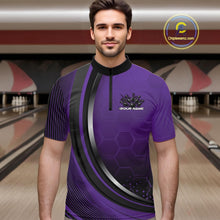 Load image into Gallery viewer, Male model in a bowling lane wearing a black and purple quarter zip shirt with honeycomb design and flaming bowling strike graphics.