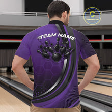 Load image into Gallery viewer, Male model in a bowling alley wearing a black and purple quarter zip shirt, showcasing honeycomb texture with a flaming bowling ball hitting pins.