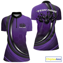 Load image into Gallery viewer, Women s bowling quarter zip mockup shown from front and back in black and purple with honeycomb artwork and flaming bowling-themed graphics.