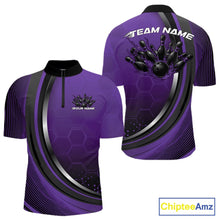 Load image into Gallery viewer, Front and back view of a mens bowling quarter zip shirt mockup in black and purple, featuring honeycomb pattern with a flame bowling ball and pins.