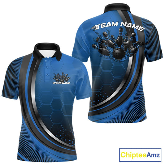 Front and back view of a mens bowling polo shirt mockup in black and blue, featuring a honeycomb pattern with a flaming bowling ball and pins design.