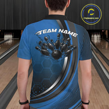 Load image into Gallery viewer, Back view of a male model in a bowling alley wearing a black and blue polo shirt, showcasing honeycomb pattern with flame bowling action artwork.