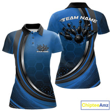 Load image into Gallery viewer, Front and back view of a womens bowling polo shirt mockup in black and blue, featuring a honeycomb pattern with a flaming bowling ball striking pins.