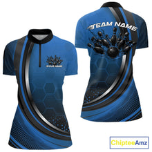 Load image into Gallery viewer, Front and back view of a black and blue women s bowling quarter zip mockup featuring honeycomb accents and flaming bowling ball and pins graphics.