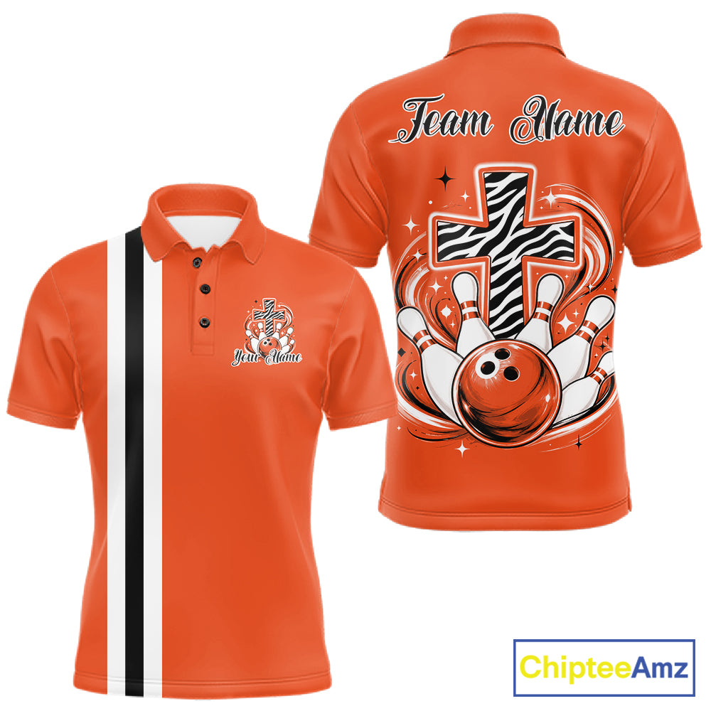 Personalized orange bowling shirt with vibrant zebra pattern and faith cross graphic for men women and kids