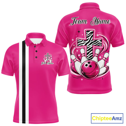 Personalized pink bowling shirt with vibrant zebra pattern and faith cross graphic for men women and kids