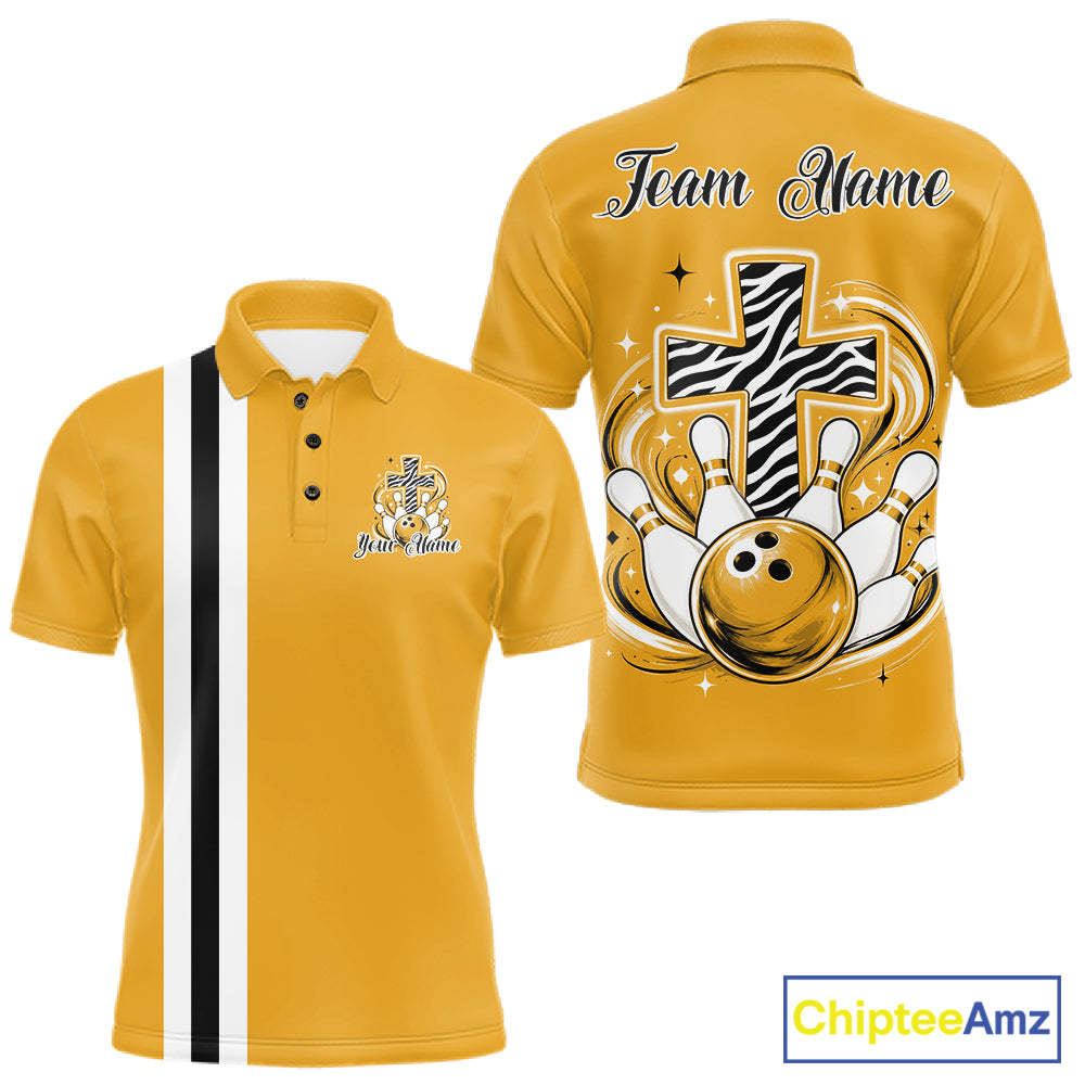 Personalized yellow bowling shirt with vibrant zebra pattern and faith cross graphic for men women and kids