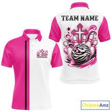 Load image into Gallery viewer, Custom pink and white zebra print faith cross bowling league shirt for teams