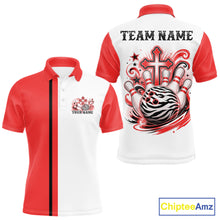 Load image into Gallery viewer, Custom red and white zebra print faith cross bowling league shirt for teams