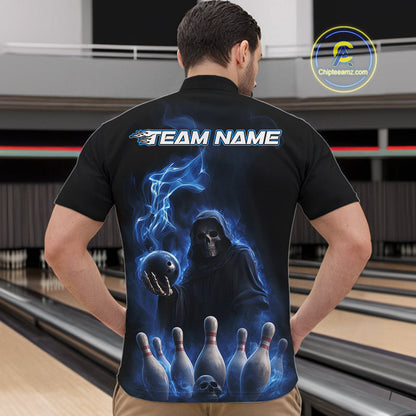 Custom Blue Flame Grim Reaper Bowling Men Quarter-Zip Shirts, Skull Halloween Bowler Outfit IPHW9734