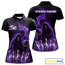 Load image into Gallery viewer, Custom Purple Flame Grim Reaper Bowling Women Polo Shirts, Halloween Bowler Outfit IPHW9737