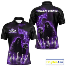 Load image into Gallery viewer, Custom Purple Flame Grim Reaper Bowling Men Polo Shirts, Halloween Bowler Outfit IPHW9737