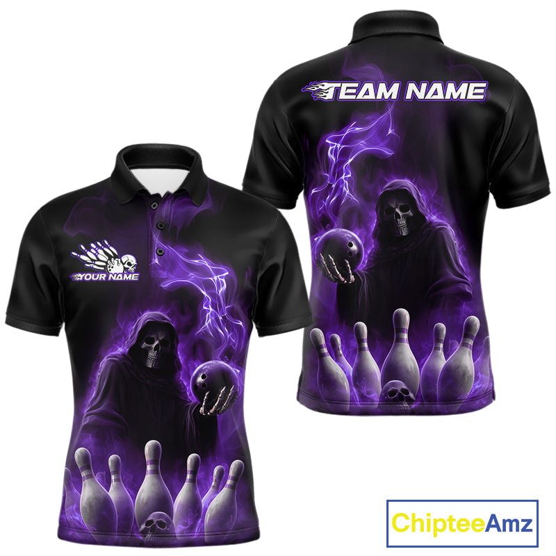 Custom Purple Flame Grim Reaper Bowling Men Polo Shirts, Halloween Bowler Outfit IPHW9737