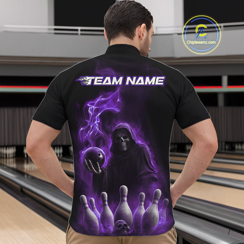 Custom Purple Flame Grim Reaper Bowling Men Quarter-Zip Shirts, Halloween Bowler Outfit IPHW9737