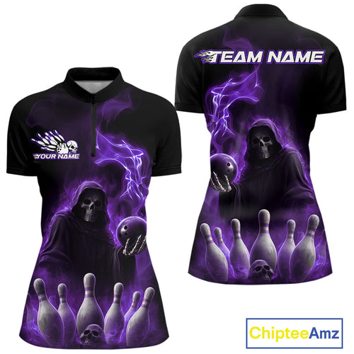 Custom Purple Flame Grim Reaper Bowling Women Quarter-Zip Shirts, Halloween Bowler Outfit IPHW9737