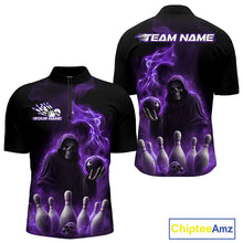 Load image into Gallery viewer, Custom Purple Flame Grim Reaper Bowling Men Quarter-Zip Shirts, Halloween Bowler Outfit IPHW9737