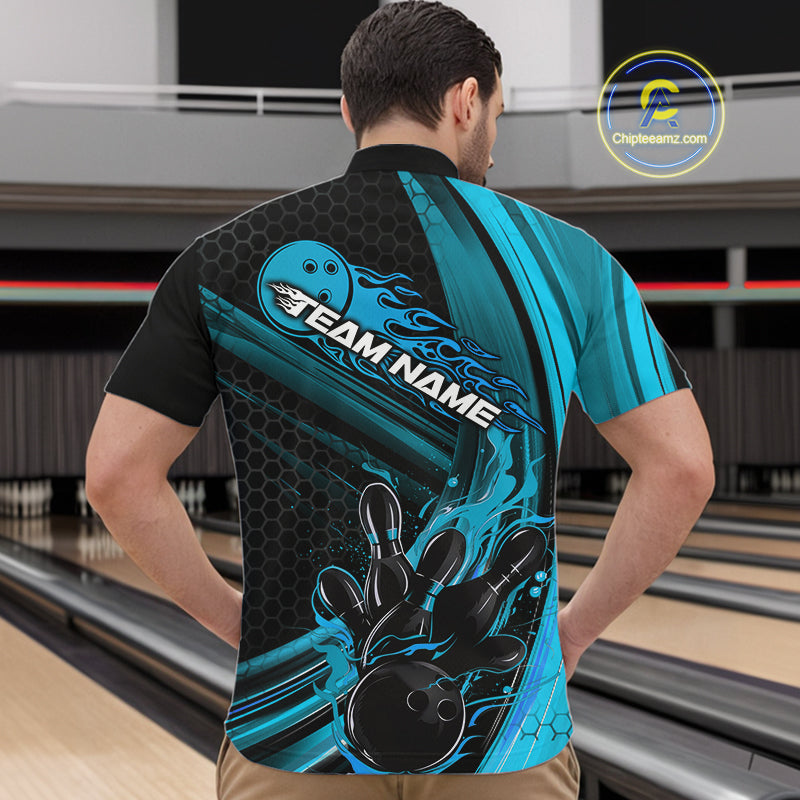 Custom Black And Blue Flame Bowling Jerseys, Bowling Team Quarter-Zip Shirts For Men IPHW9885