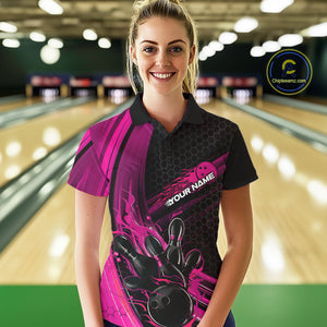 Custom Black And Pink Flame Bowling Jerseys, Bowling Team Polo Shirts For Women IPHW9886